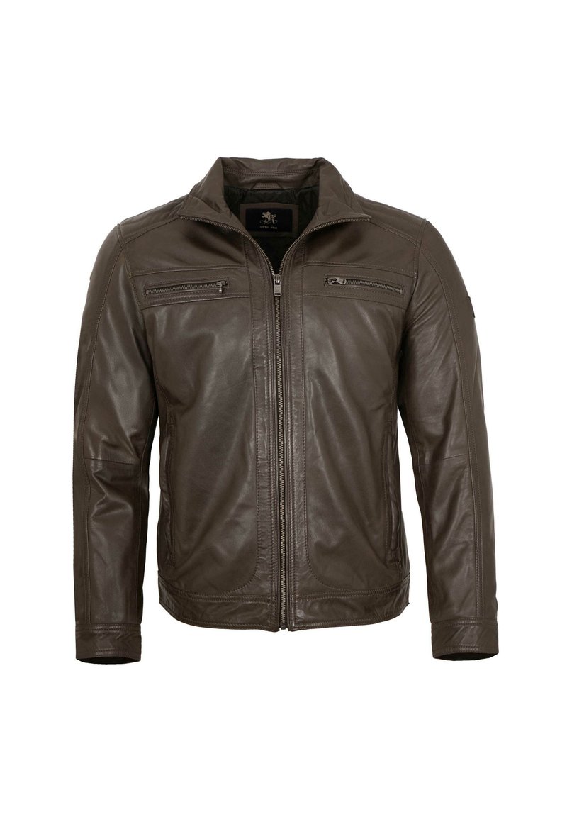 Braune Lederjacke mit einem Reißverschluss, zwei mit Reißverschlüssen versehenen Brusttaschen und einem stehenden Kragen. Das Design umfasst gerade Ärmel und ein strukturiertes Gewebe.