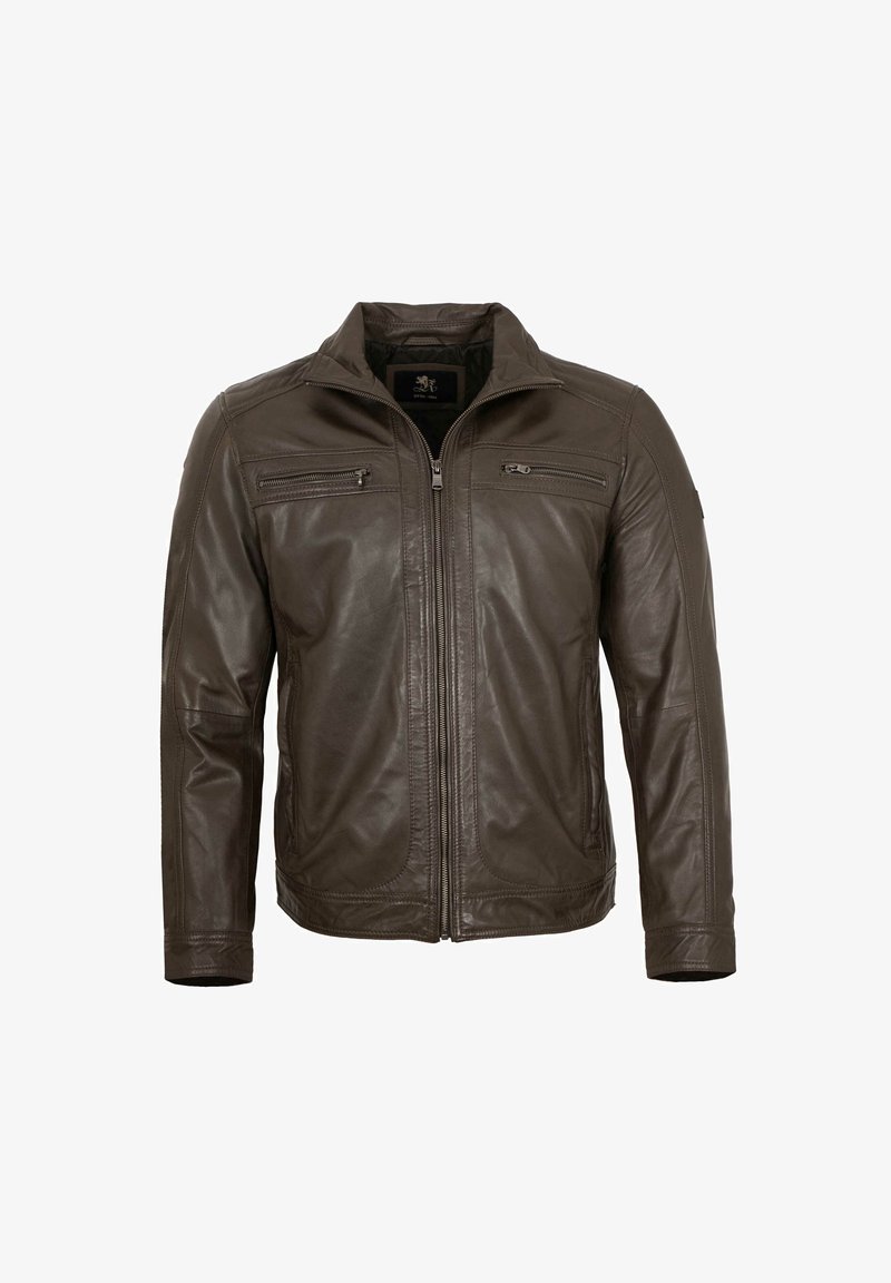 Braune Lederjacke mit einem Reißverschluss, zwei mit Reißverschlüssen versehenen Brusttaschen und einem stehenden Kragen. Das Design umfasst gerade Ärmel und ein strukturiertes Gewebe.