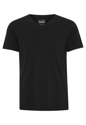T-shirt noir en coton à col en V avec des manches courtes. Le tissu est doux et a une texture lisse. Présente un design simple sans motifs ni accents.