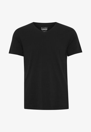 Camiseta de algodón negra de cuello en V con mangas cortas. La tela es suave con una textura lisa. Presenta un diseño simple sin patrones ni acentos.