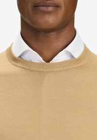 Beige neulepaita, jossa on pyöreä pääntie, päällä valkoinen kauluspaita. Kangas näyttää sileältä ja siinä on hienoinen rakenne.