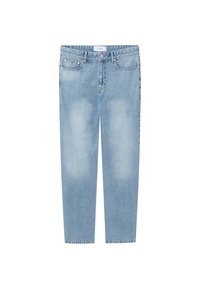 Lyseblå jeans med rett ben laget av denim. Har fem-lommers design, falmede områder og et merke på livet. Ingen dekorasjoner.