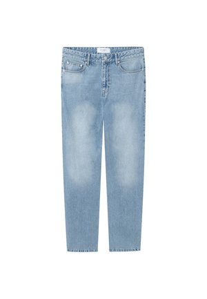 Jeans dritti azzurri chiaro realizzati in denim. Presentano un design a cinque tasche, aree sbiadite e un'etichetta in vita. Senza decorazioni.