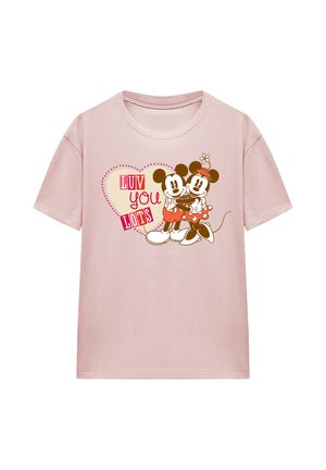 Rosa Kurzarm-T-Shirt mit einer Grafik von zwei Cartoon-Mäusen, umgeben von dem Text „LUV YOU LOTS“ in fetten roten und rosa Buchstaben.