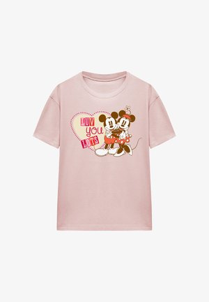 Pink short-sleeve T-shirt featuring a graphic of two cartoon mice, surrounded by the text “LUV YOU LOTS” in bold red and pink letters.
