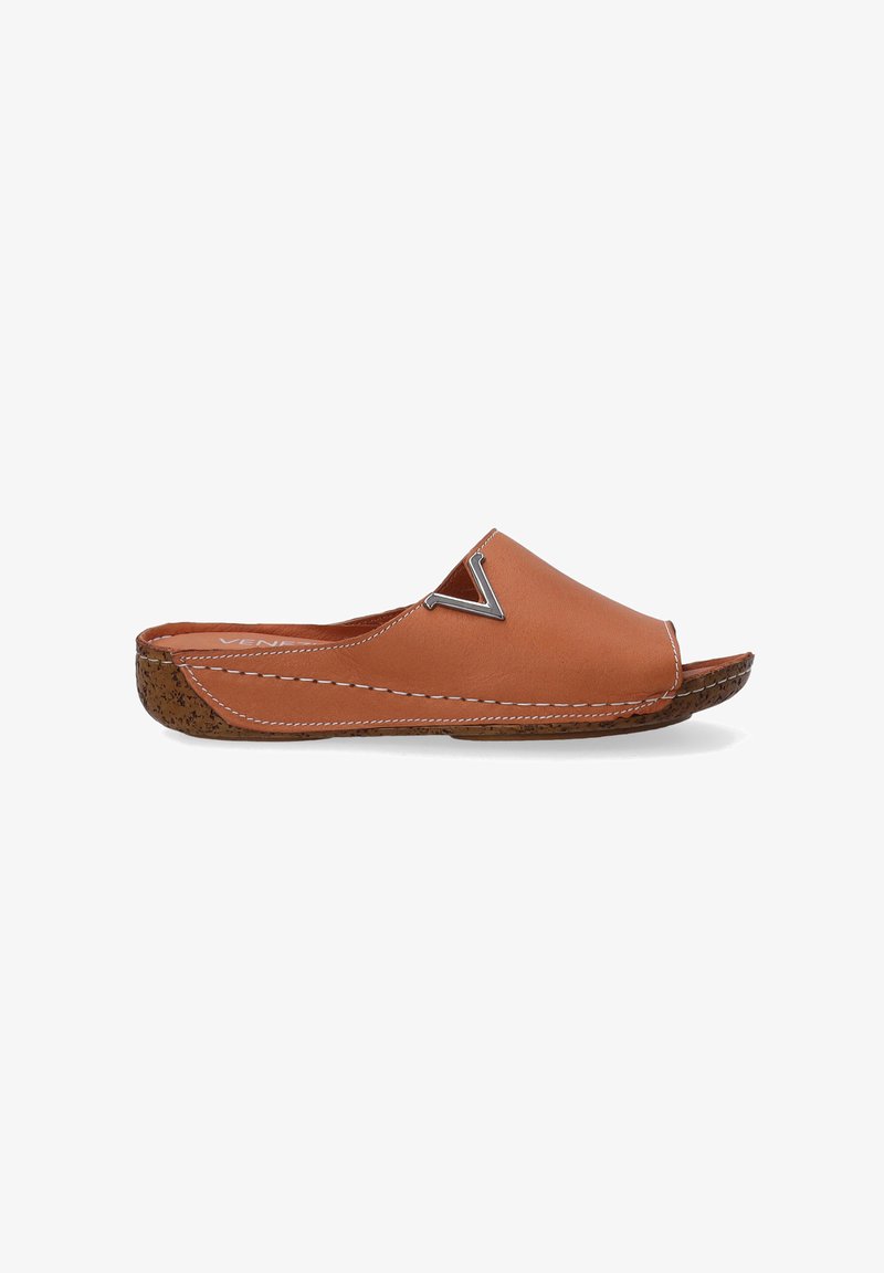 Orange leather slip-on sandal with a curved design, open toe, and cork sole. Features white stitching and a metallic accent on the upper.