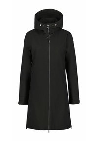 Imperméable noir avec un col haut, fermeture éclair à l'avant et capuche à cordon. Présente des manches longues et des poches latérales. Matériau lisse et imperméable.