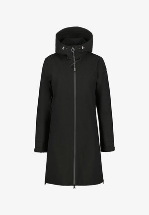 Schwarzer Regenmantel mit hohem Kragen, Frontreißverschluss und Kordelzugkapuze. Verfügt über lange Ärmel und Seitentaschen. Glattes, wasserdichtes Material.