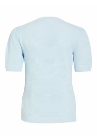 Jasnoniebieski sweter z krótkim rękawem o fakturowanym, dzierganym wzorze. Posiada prążkowany dekolt i mankiety, zapewniając dopasowaną sylwetkę.