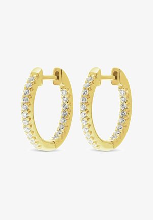 Goldene Creolen mit einer Reihe kleiner runder Diamanten, die entlang der äußeren Kanten gesetzt sind, und einem klappbaren Verschluss.