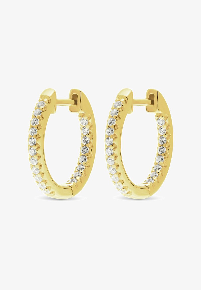 Goldene Creolen mit einer Reihe kleiner runder Diamanten, die entlang der äußeren Kanten gesetzt sind, und einem klappbaren Verschluss.