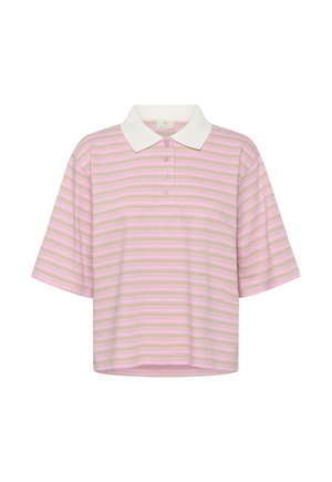 Polo met korte mouwen met beige en roze horizontale strepen en een contrasterende witte kraag, voorzien van vier knopen aan de voorkant.