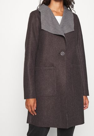 Kvinde iført en knælang, mørkebrun frakke med store grå revers, enkelt knaplukning og påsyede lommer, over en hvid top.