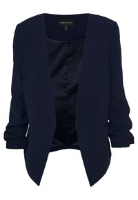 Navy blue blazer with a smooth fabric, open front design, and three-quarter length sleeves, featuring rolled cuffs and no fasteners.