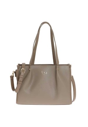 Borsa rettangolare in pelle color talpa con doppi manici superiori, tracolla regolabile e piccolo logo dorato al centro frontale.