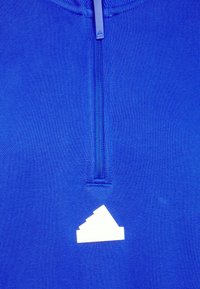 Kunglig blå zip-up-tröja med en tjock krage, texturerad tyg och vit gummilogotypdetalj på vänster sida.