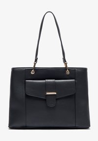 Black synthetic tote bag with a structured design, flat front pocket, gold-tone hardware accents, and double shoulder straps.