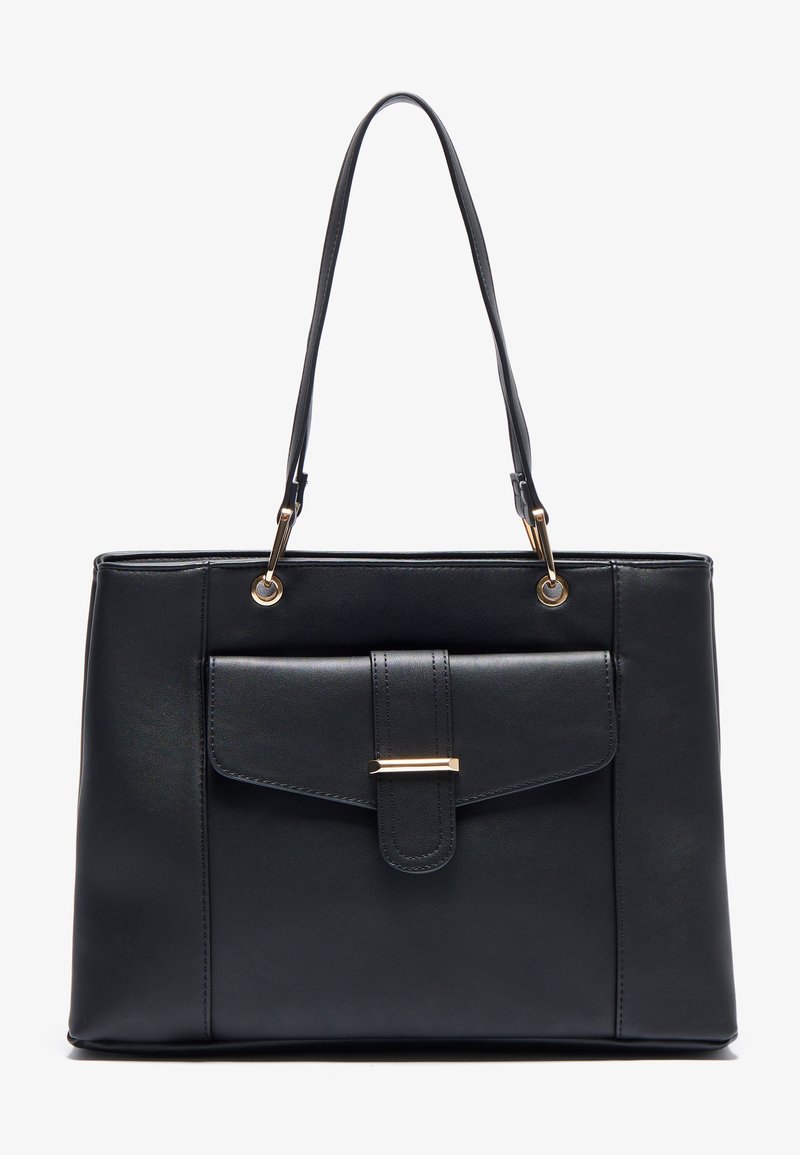 Black synthetic tote bag with a structured design, flat front pocket, gold-tone hardware accents, and double shoulder straps.
