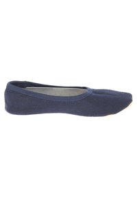 Navy blue canvas ballet flats with a rounded toe and textured upper, featuring a thin elastic band around the ankle and a flexible rubber sole.