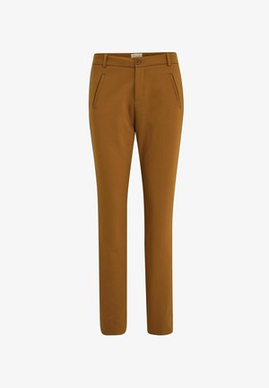 Brūni taisni bikses ar gludu tekstūru, divām priekšējām kabatām un vienu pogu aizdari. Šūti modeļi sniedz pieguļošu izskatu.