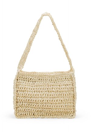 Sac en paille tissé de couleur crème, de forme rectangulaire, avec une seule bandoulière épaisse et une surface texturée.