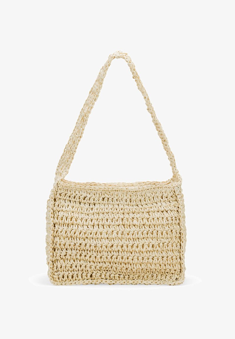 Borsa in paglia lavorata di colore crema, dalla forma rettangolare, con una singola tracolla spessa e una superficie testurizzata.