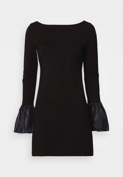 Black dress with a boat neckline and fitted bodice, featuring long sheer sleeves with gathered cuffs. Smooth texture and minimalist design.
