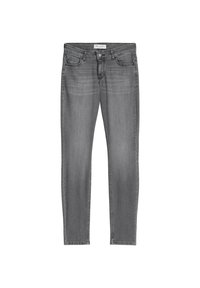 Jeans en denim gris avec une coupe ajustée, cinq poches et un motif légèrement décoloré. Dispose d'une fermeture à bouton et à glissière, avec passants de ceinture.