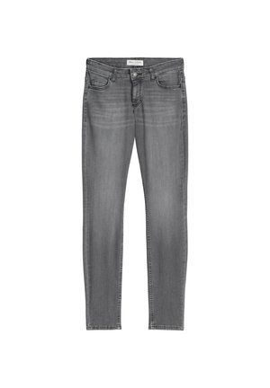 Graue Denim-Jeans mit einer taillierten Passform, fünf Taschen und einem dezenten, ausgewaschenen Muster. Sie verfügen über einen Knopf- und Reißverschluss sowie Gürtelschlaufen.