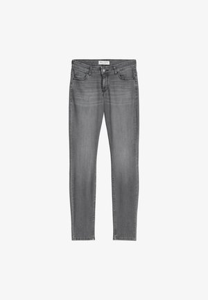 Grijze denim jeans met een slim-fit ontwerp, vijf zakken en een subtiele vervaagde patroon. Voorzien van een knoop en ritssluiting, met lussen voor een riem.