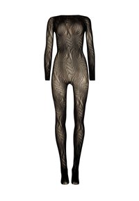 Svart nätbodysuit med vågmönster, långa ärmar, scoop-halsringning och genomskinlig textur. Formsytt design utan hårdvara.