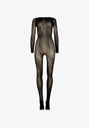 Sort mesh bodysuit med bølgemønster, lange ærmer, scoop-udskæring og gennemsigtig tekstur. Tætsiddende design uden hardware.