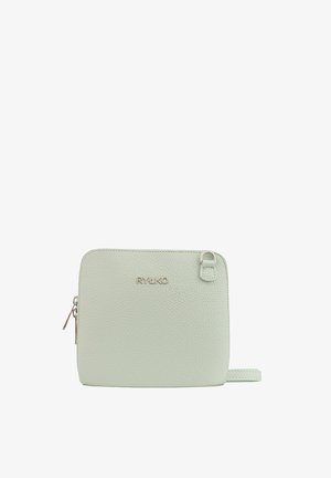 Borsa a tracolla in pelle verde menta con finitura testurizzata, chiusura con zip e un anello per cinturino regolabile. Logo del marchio visibile sul fronte.