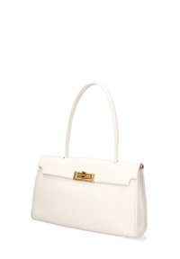 Borsa a tracolla bianca in pelle con forma strutturata, manico superiore e chiusura in hardware dorato. Texture liscia con sopra a pattina e linee pulite.