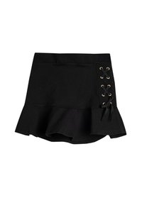 Jupe mini noire évasée en tissu texturé, avec une taille élastique et un laçage décoratif avec des œillets dorés d'un côté.