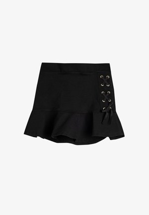 Gonna mini nera a campana con tessuto testurizzato, vita elasticizzata e lacci decorativi con occhielli dorati su un lato.