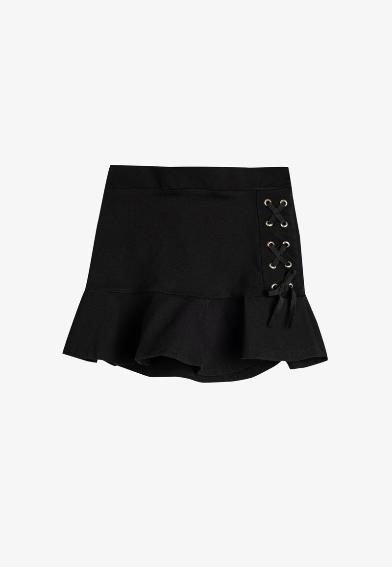 Schwarzer, ausgestellter Minirock aus strukturiertem Stoff, mit elastischem Bund und dekorativer Schnürung mit goldfarbenen Ösen auf einer Seite.