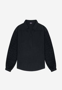 Schwarze Bluse mit langen Ärmeln, offenem Kragen und Puffärmeln mit Lochmuster, ausgestattet mit elastischen Bündchen und einer lockeren Passform.