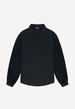 Blouse noire à manches longues avec col ouvert et manches bouffantes à motif œillet, dotée de poignets élastiques et d'une coupe décontractée.