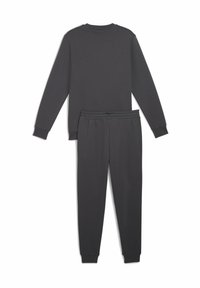 Dunkelgrauer Langarmpullover mit gerippten Bündchen, kombiniert mit passender Jogginghose mit elastischem Bund und schmal zulaufenden Beinen.