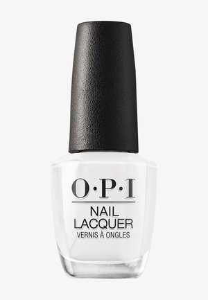 Bouteille de vernis à ongles blanc de la marque OPI avec un bouchon texturé noir sur fond uni.