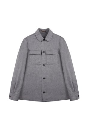Gray wool jacket with a button-up front, two chest pockets, a collar, and long sleeves. Textured finish with black buttons.