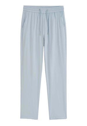 Pantalon casual bleu clair avec taille élastique, cordon de serrage et poches latérales, présenté sur fond blanc.