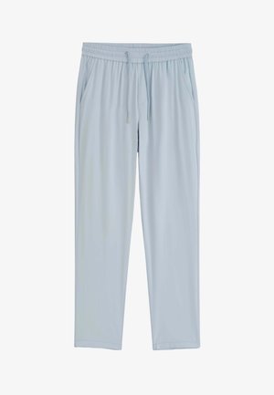 Pantalon casual bleu clair avec taille élastique, cordon de serrage et poches latérales, présenté sur fond blanc.