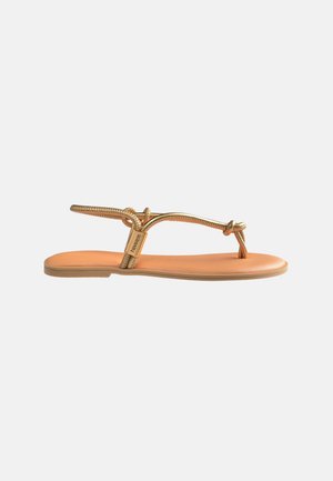 Plat beige sandaal met dunne metallic gouden bandjes, teenlus en verstelbare enkelband met de naam "Havaianas" aan de zijkant.