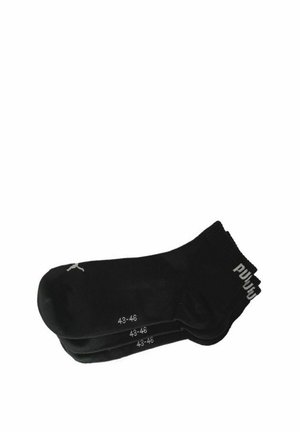 Schwarze Sportsocken, Baumwollmischung, gerippter Bund, Größe 43-46 an den Seiten gedruckt, verstärkte Ferse, minimales Logo-Highlight.