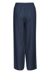 Temno modri široki hlače iz lahkega lanenega materiala. Imajo elastičen pas in gladko teksturo brez vidnih vzorcev.