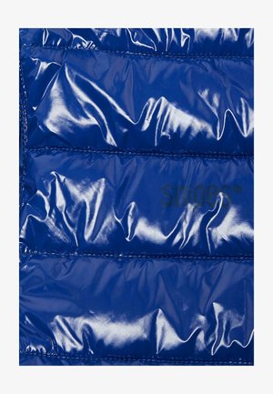 Mėlyna pūkinė liemenė, pagaminta iš blizgaus, siuvinėto audinio su horizontaliomis siūlėmis ir subtiliu logotipu. Lygus paviršius su blizgiu apdailu.