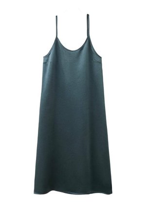 Mørk grønblå ærmeløs slipkjole med tynde justerbare skulderstropper og rund halsudskæring, hængende mod en hvid baggrund.