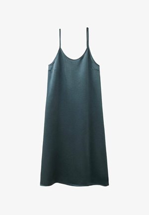 Mørk grønblå ærmeløs slipkjole med tynde justerbare skulderstropper og rund halsudskæring, hængende mod en hvid baggrund.